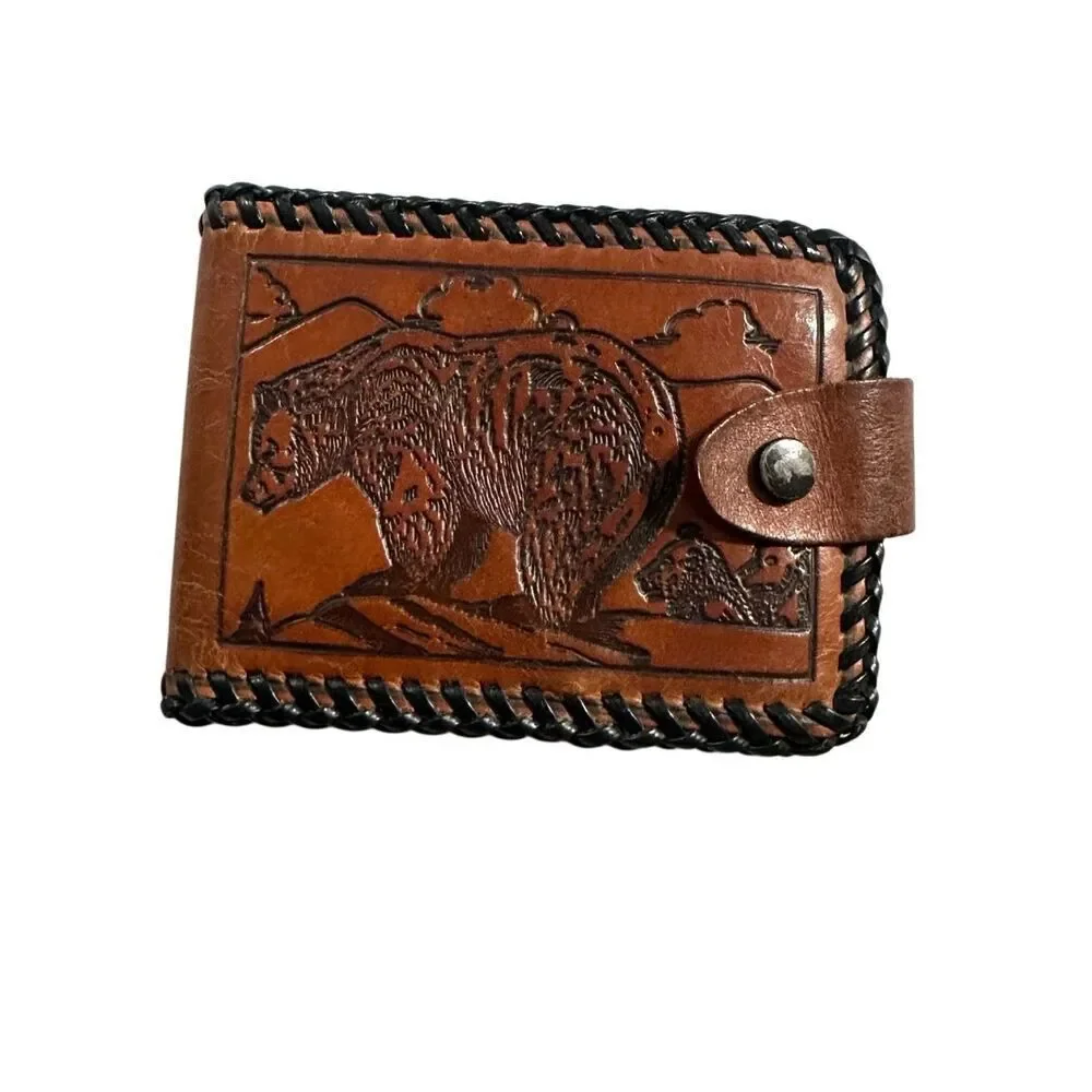 Vintage Men's Brown Hand Tooled Leather Native American Bi-fold Wallet OS